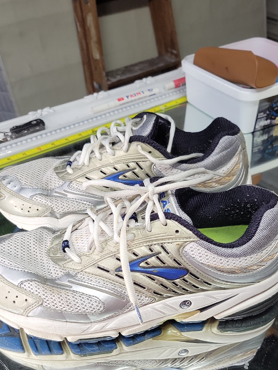 Men 12.5 Brooks The Beast White/Silver Running Sneakers With Blue Accents